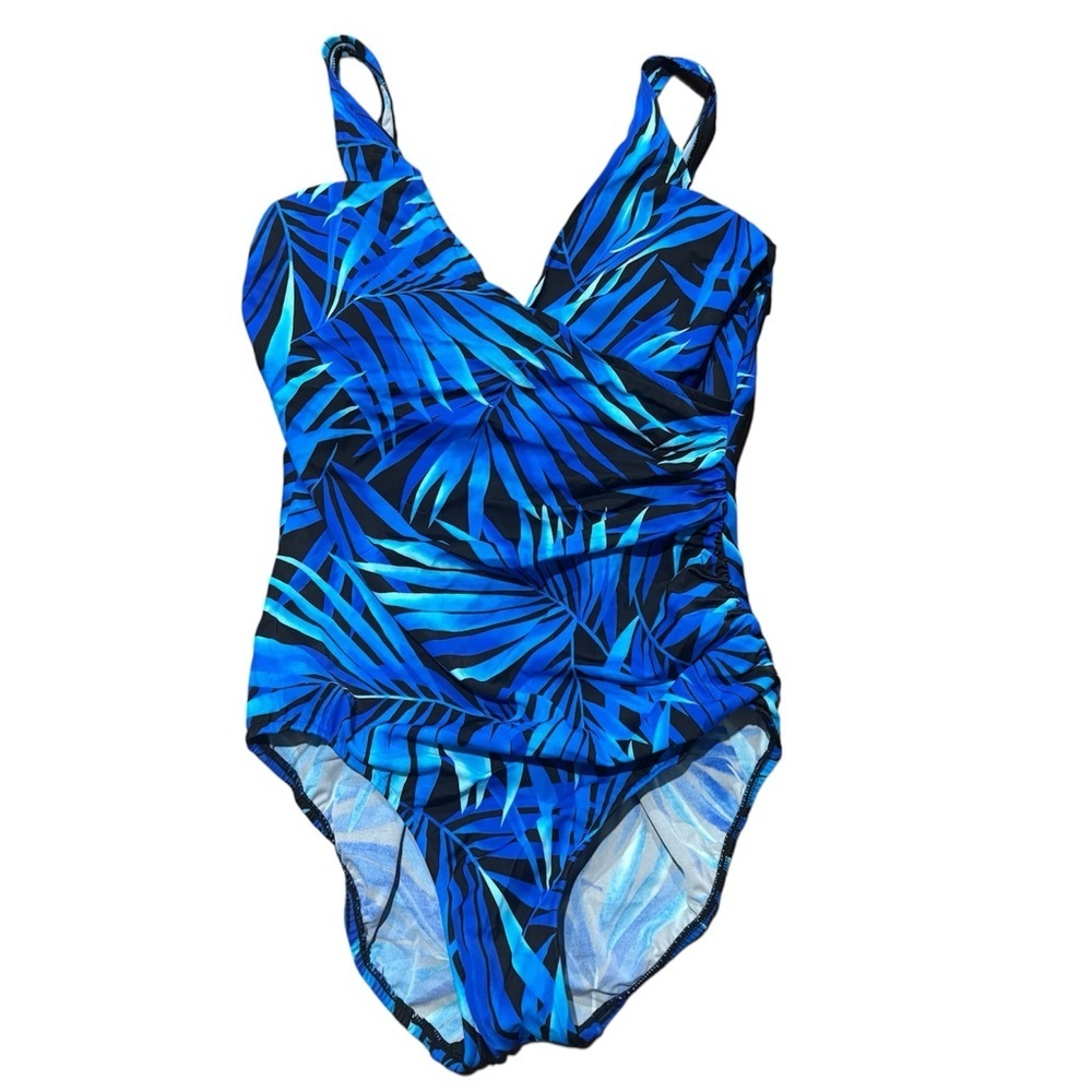 Caribbean Joe Slim Shaper Women's Ruched Blue Floral One Piece Swimsuit Size 16